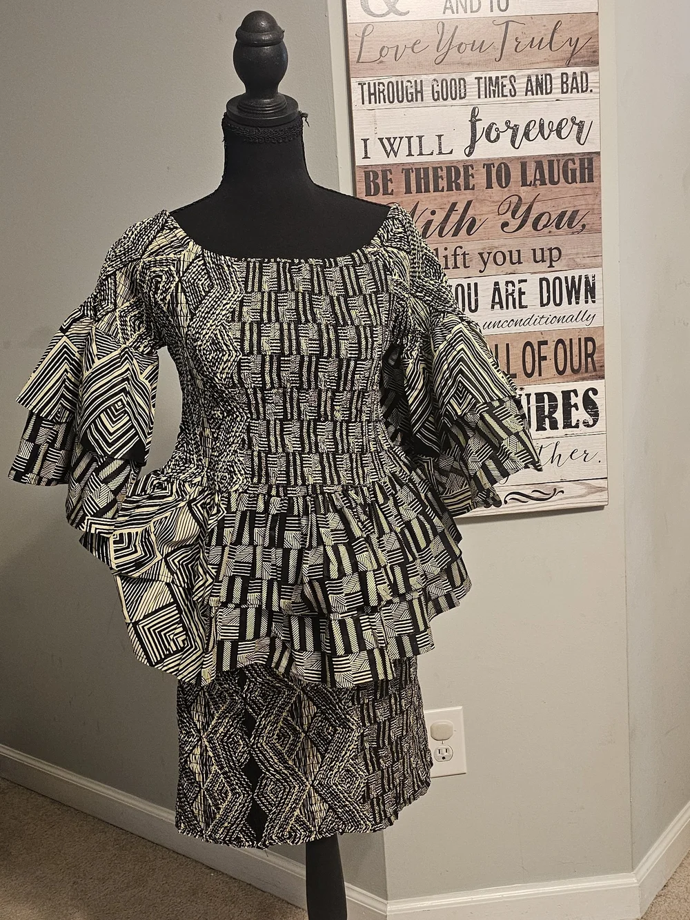 Black and Cream Ankara Patterned Peplum Pencil Skirt Set